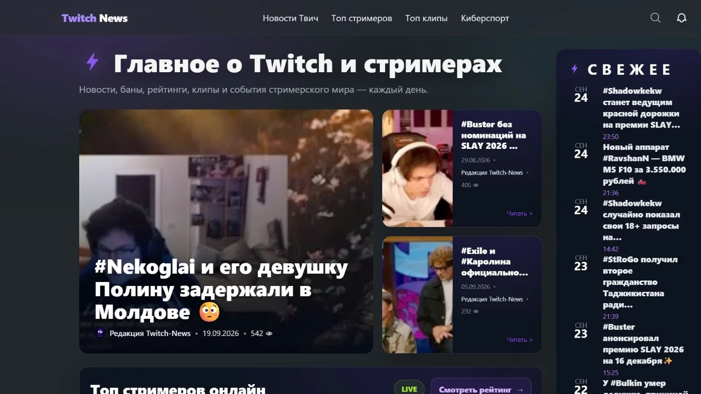 Главная страница Twitch News: новости и рейтинг стримеров